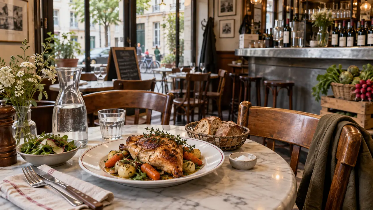 Table conviviale dans un bistrot de quartier avec assiettes de cuisine traditionnelle
