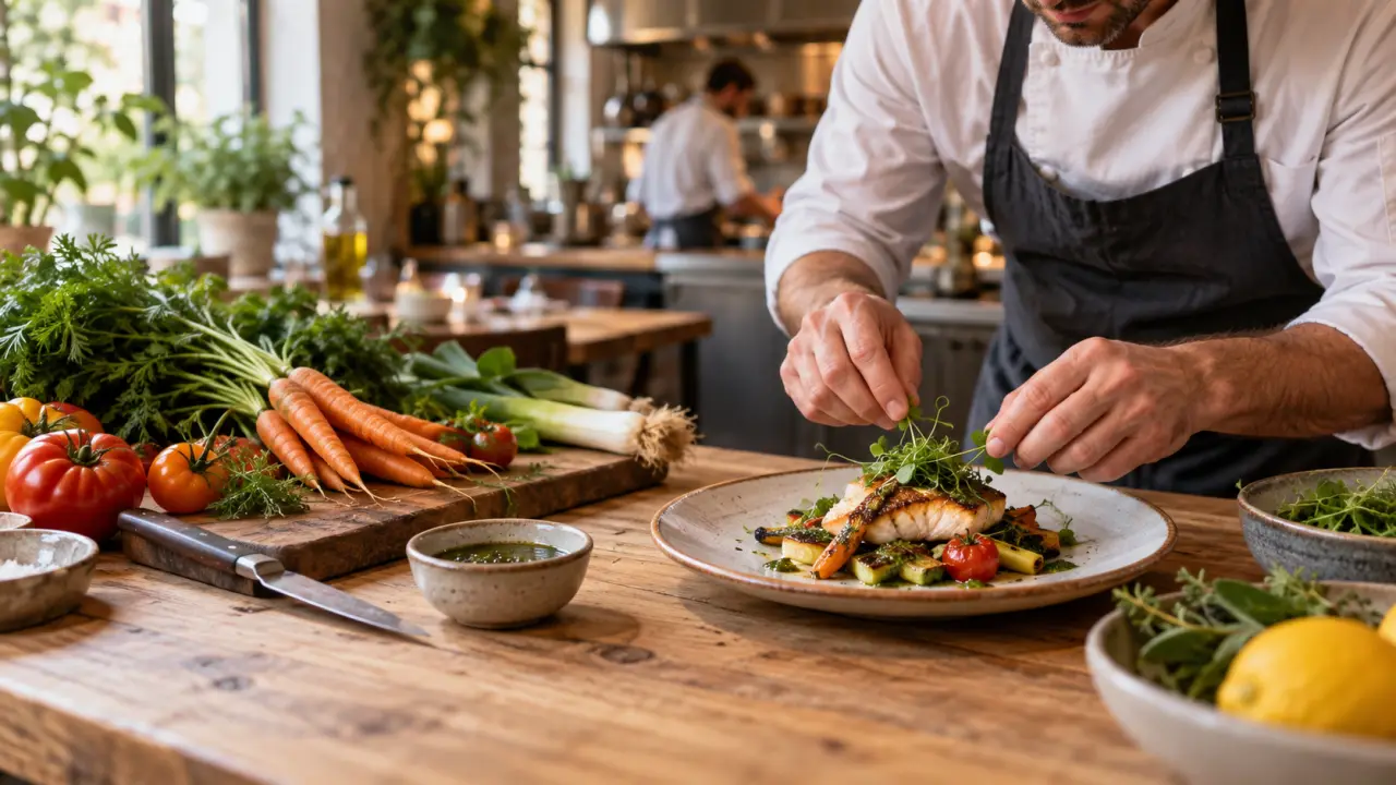 Table de restaurant avec plats traditionnels et ingrédients frais de saison
