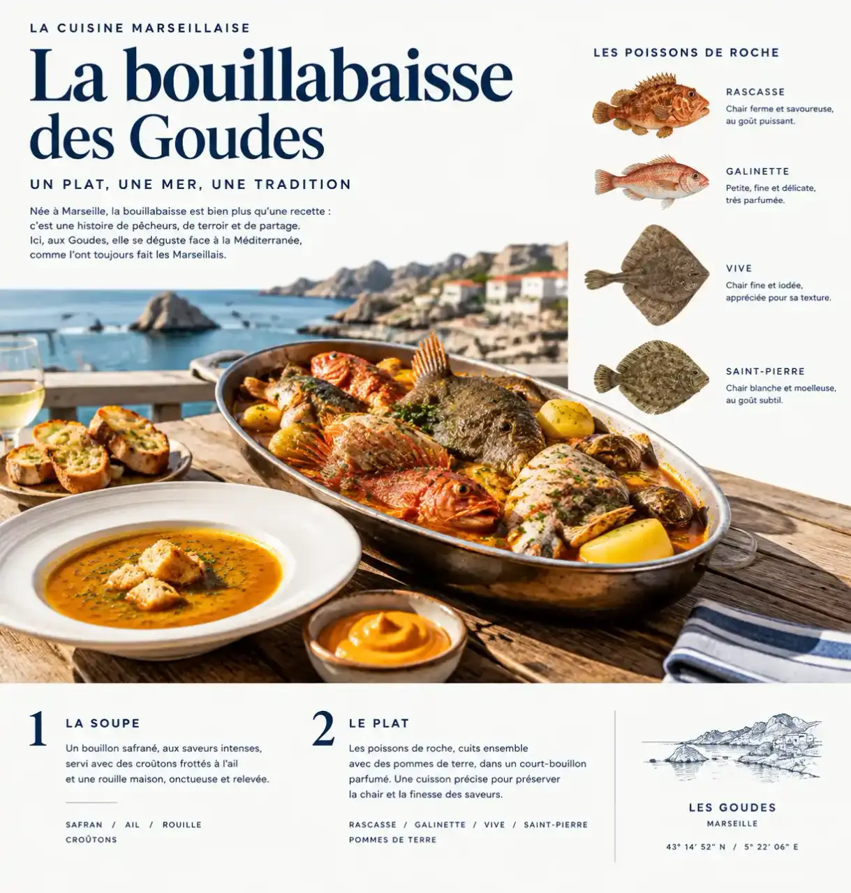 Benjamin bouillabaisse Marseille : soupe safranée, croûtons, rouille et plat de poissons de roche servis au Grand Bar des Goudes