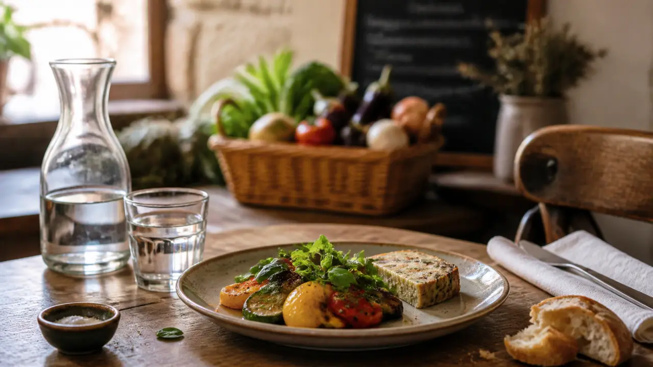 Table de bistrot de saison avec plats mijotés servis en céramique, ambiance chaleureuse et naturelle