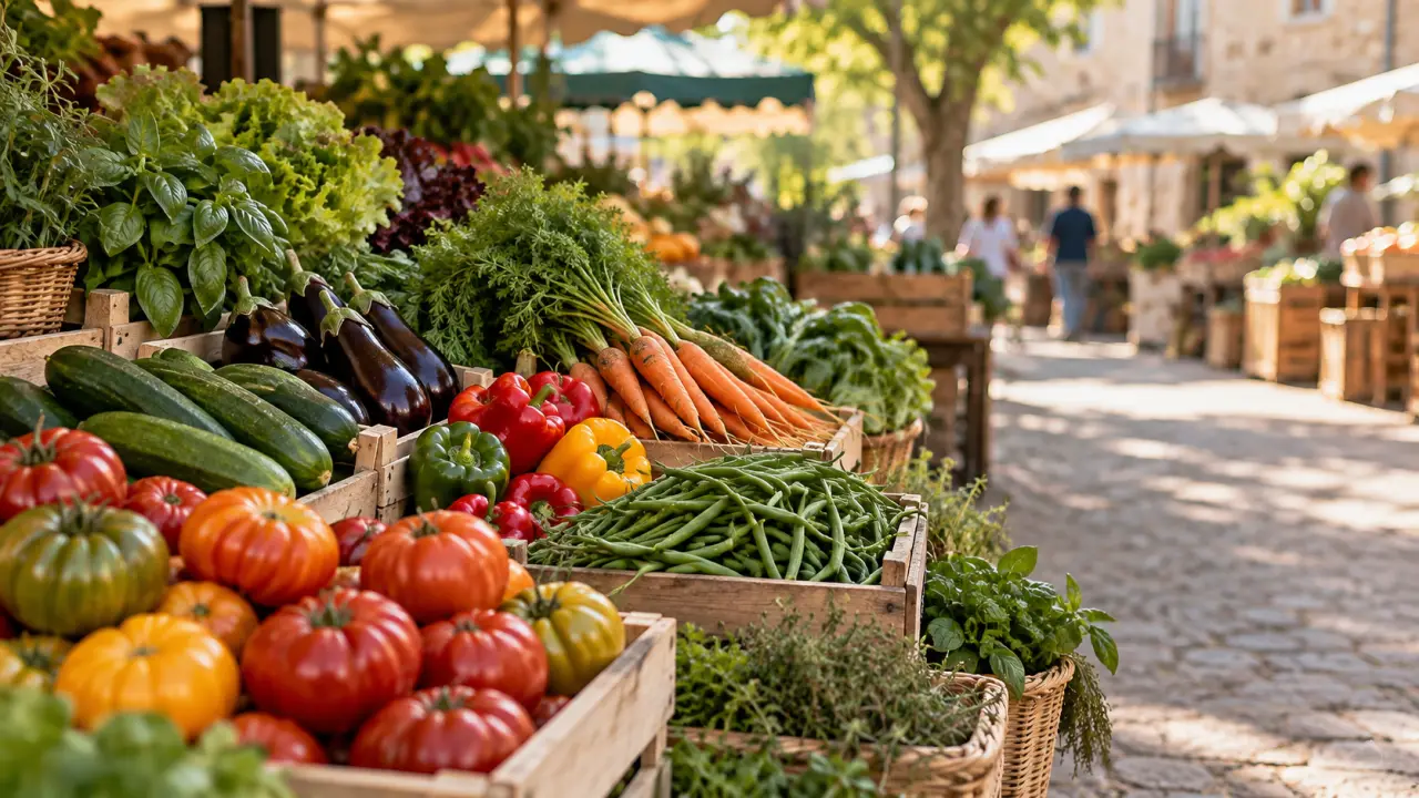 Légumes de saison disposés sur une table en bois au marché