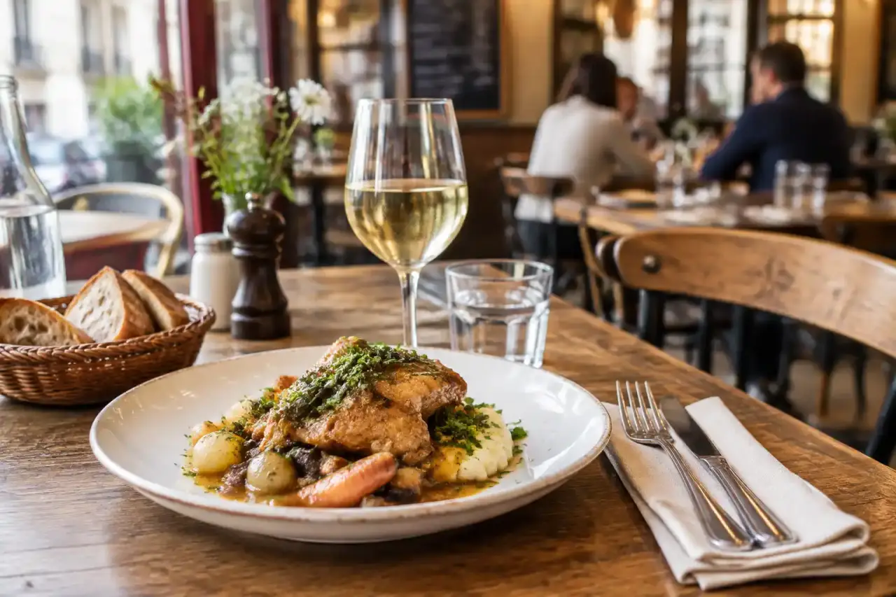Table chaleureuse dans un bistrot de quartier avec plats traditionnels et produits de saison