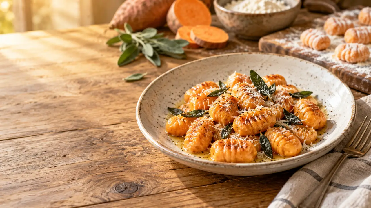 Gnocchis de patate douce maison servis avec des herbes fraîches dans une assiette en céramique