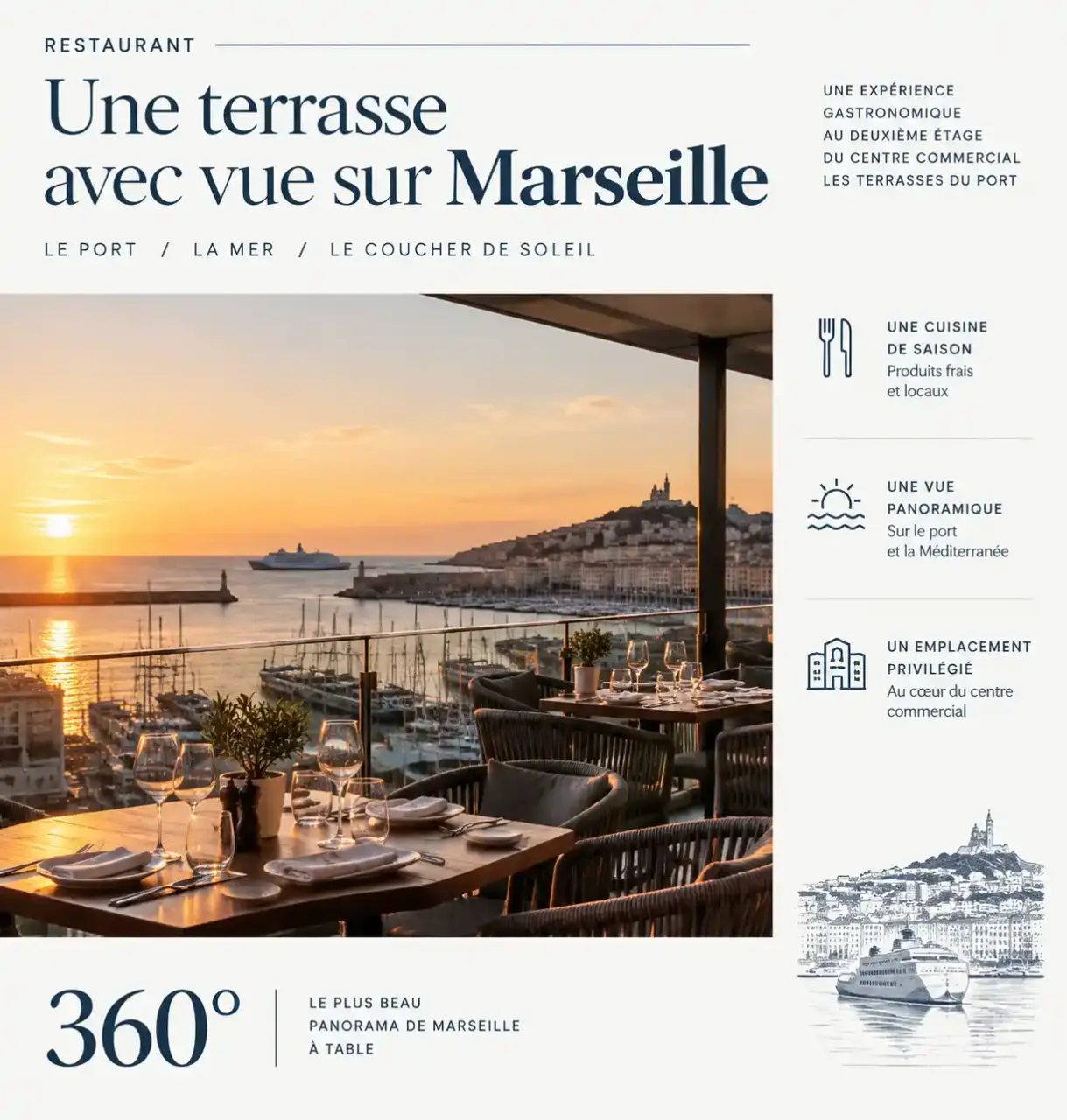 La Brasserie des Terrasses à Marseille : terrasse avec vue sur la mer et le port au coucher du soleil