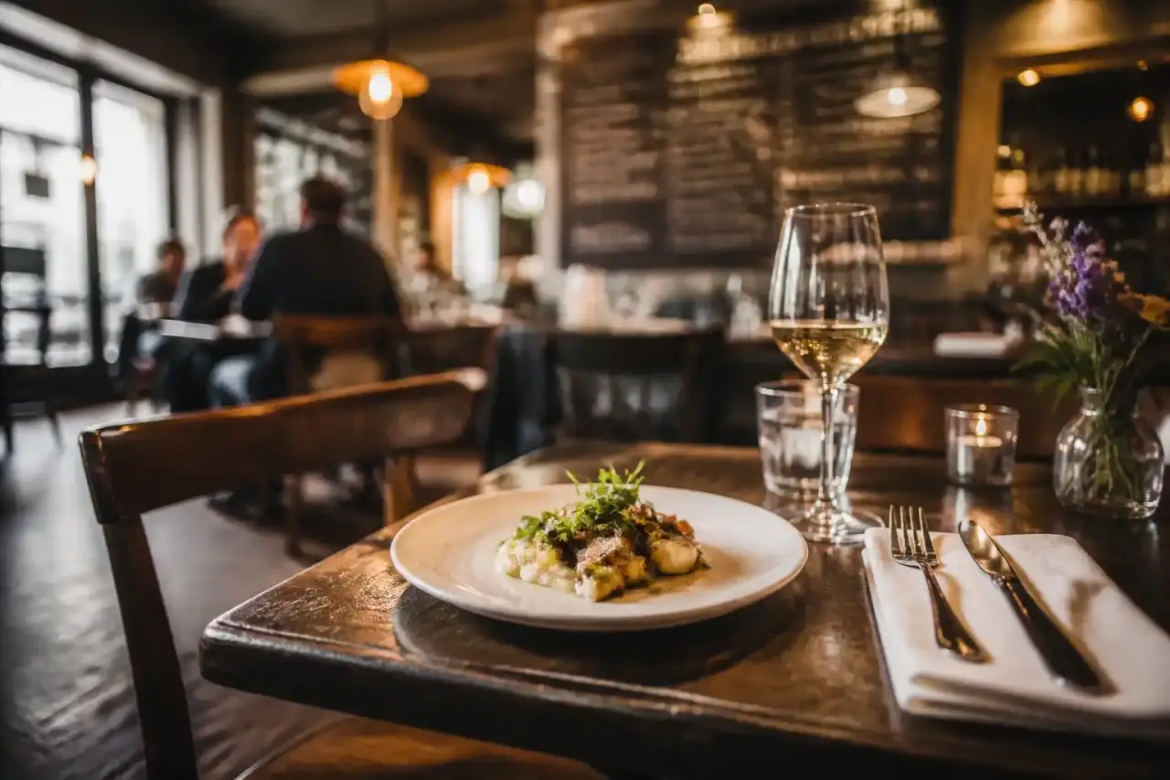 Table de bistrot chaleureuse avec plats de saison et vaisselle artisanale