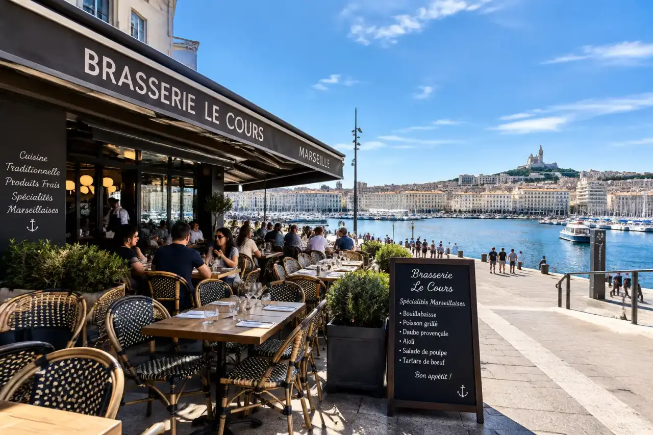 Brasserie Le Cours à Marseille : terrasse face au Vieux-Port et accès à anticiper
