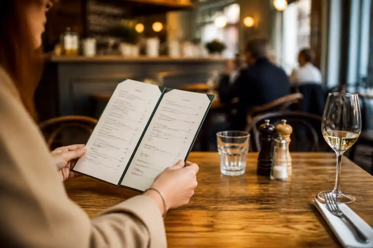 Carte courte de bistrot posée sur une table en bois avec pain, herbes fraîches et assiettes en céramique