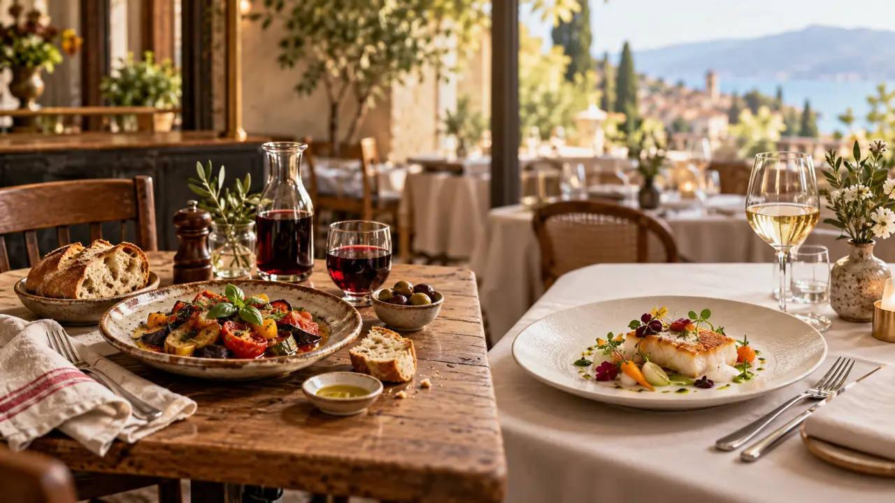 Table chaleureuse dressée dans un restaurant aux accents naturels