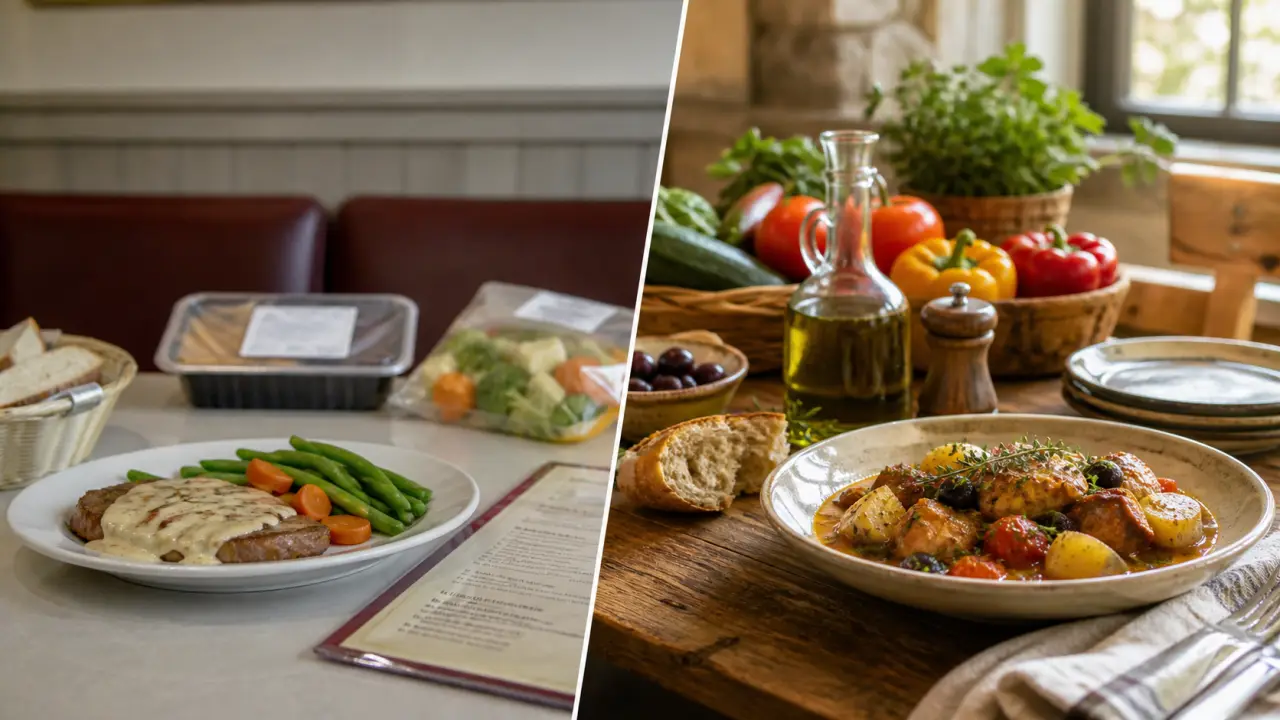 Table de bistrot généreuse avec plats mijotés, lumière douce et ambiance chaleureuse