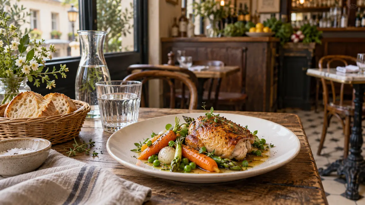 Table de bistrot avec des assiettes de cuisine traditionnelle et des légumes de saison
