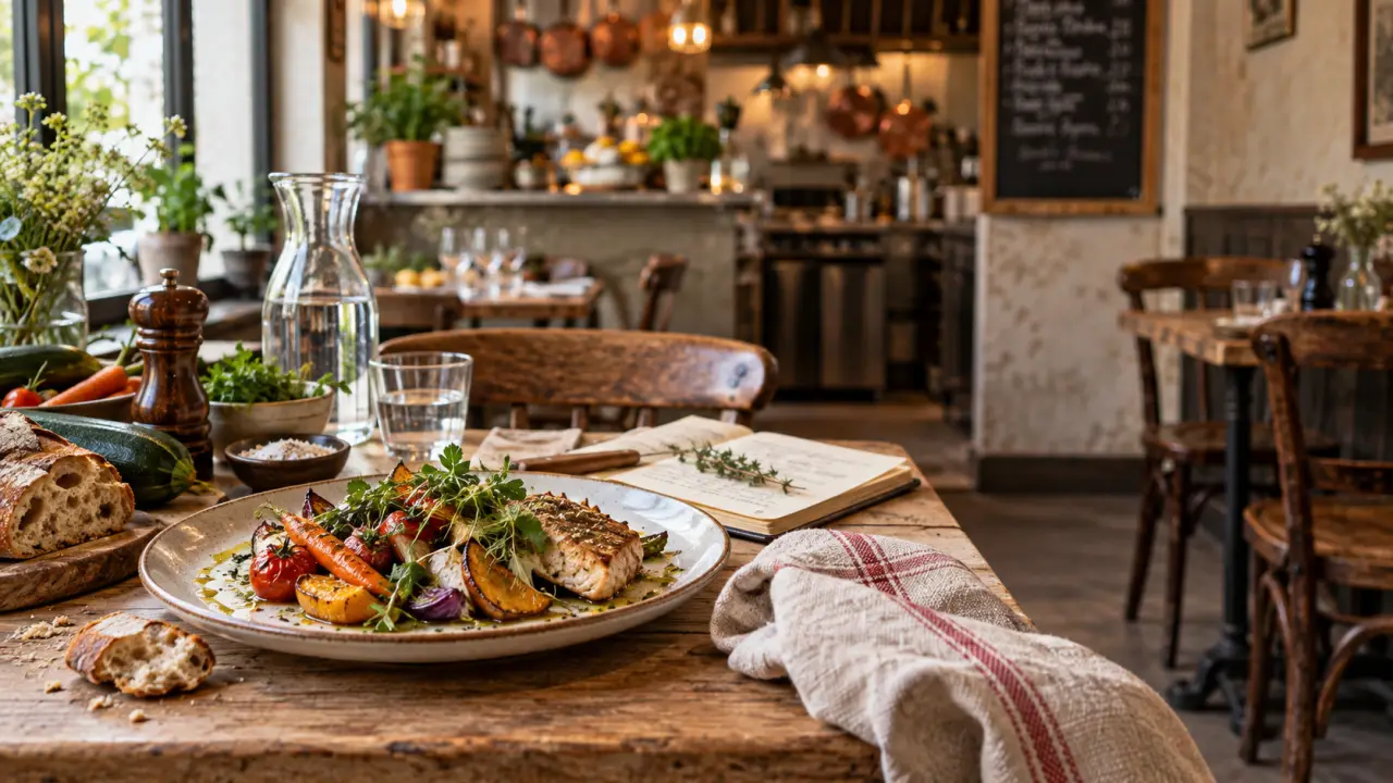 Table de bistrot avec plats faits maison et produits de saison