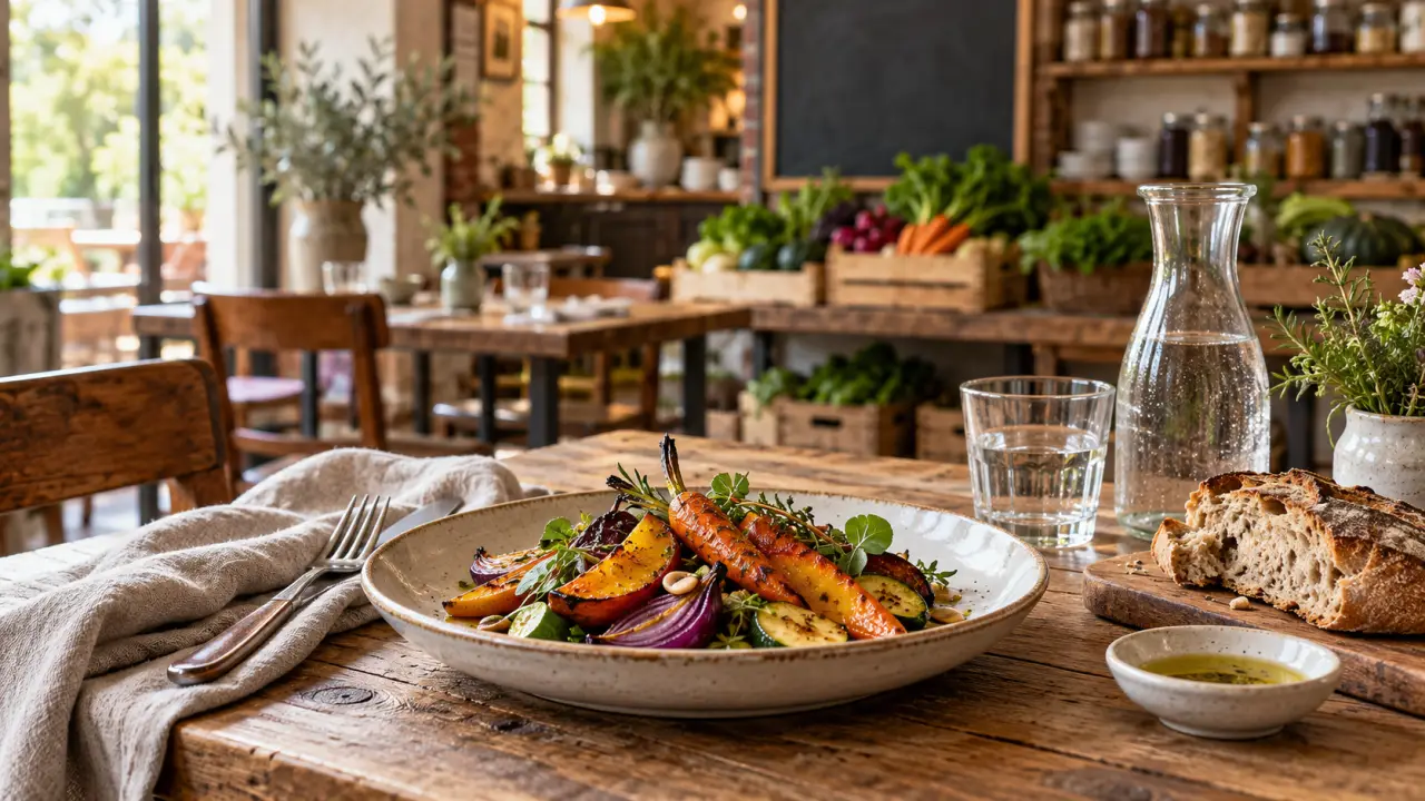 Assiette de cuisine de saison servie dans un bistrot chaleureux