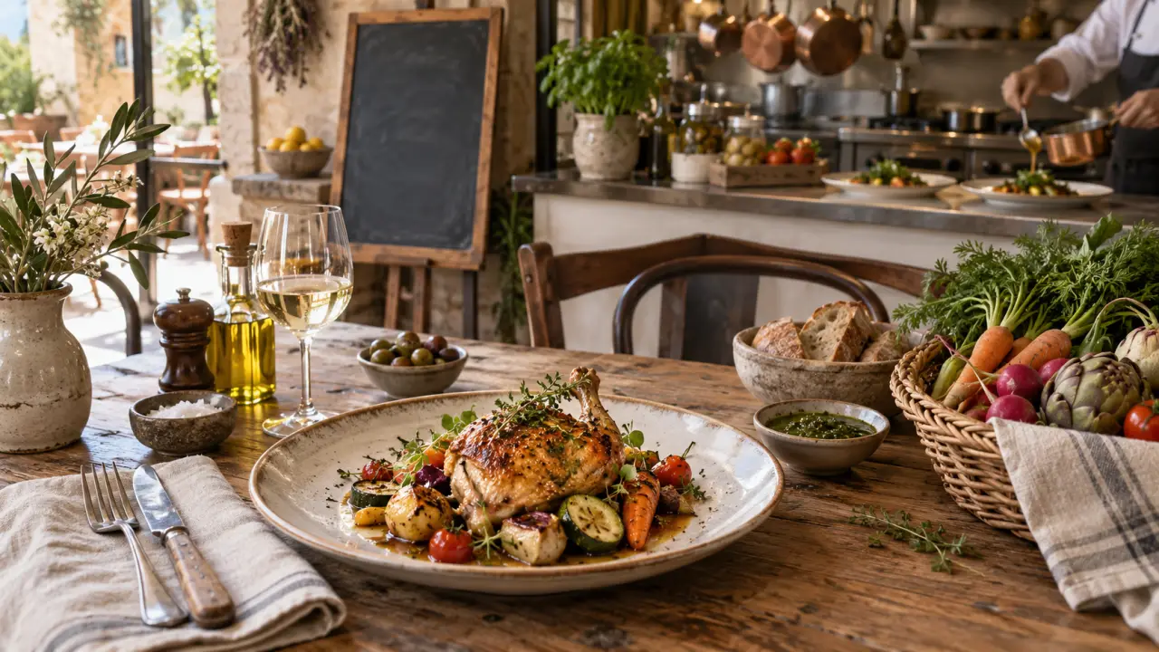 Table de bistrot en bois avec plats traditionnels, légumes de saison et pain de campagne