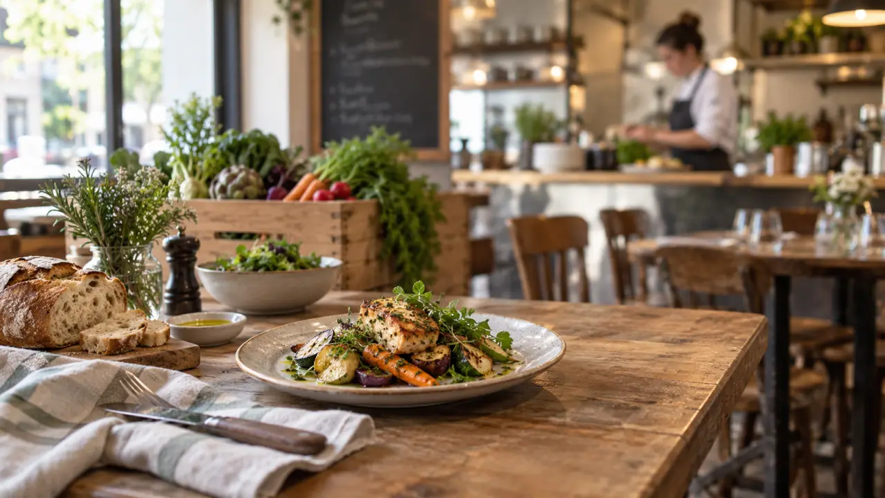 Table de bistrot avec plats traditionnels et ingrédients frais de saison