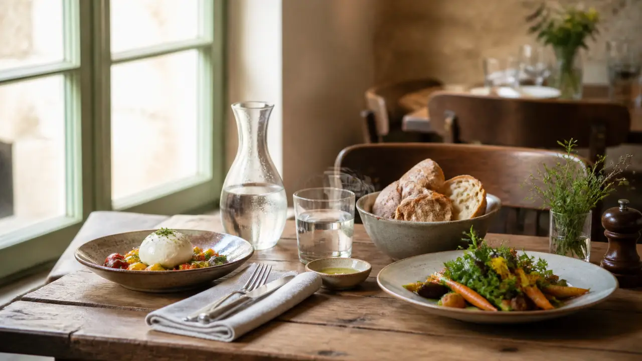 Table locavore vue du dessus avec plats de saison, céramiques artisanales et lumière naturelle douce