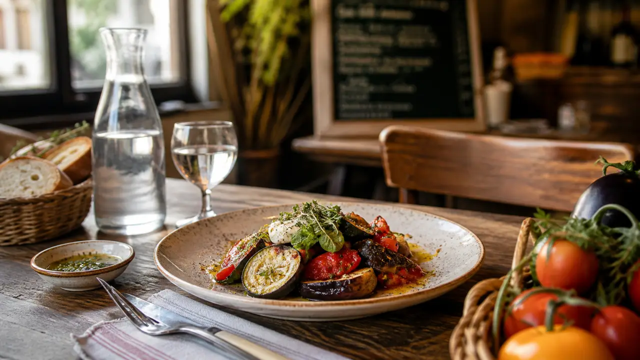 Table de bistrot avec plats mijotés, lumière douce et ambiance chaleureuse