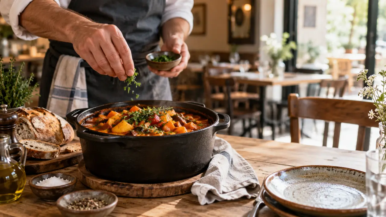 Table en bois avec assiettes de cuisine traditionnelle et ingrédients de saison
