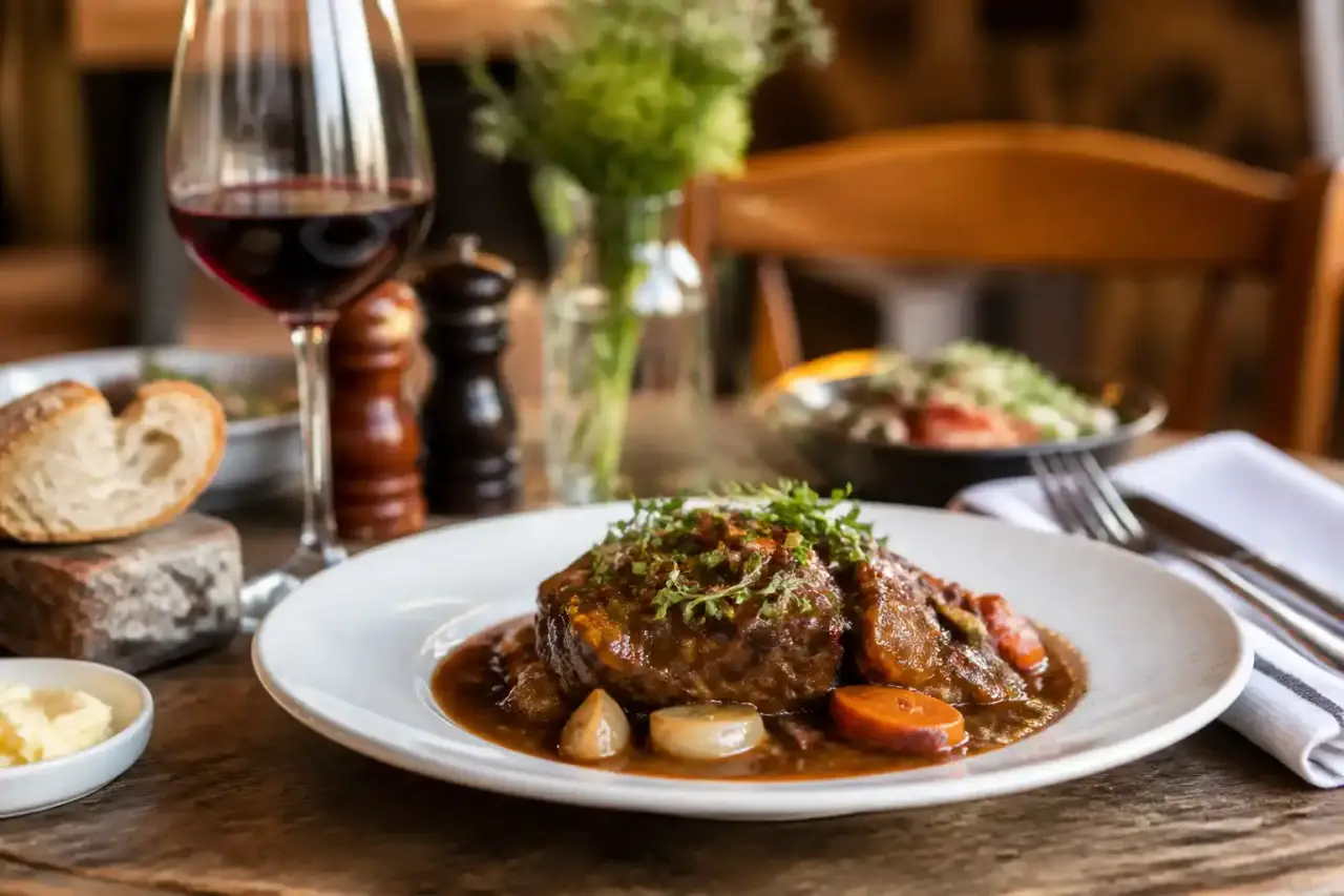 Table de restaurant rustique garnie de plats traditionnels français et ingrédients frais