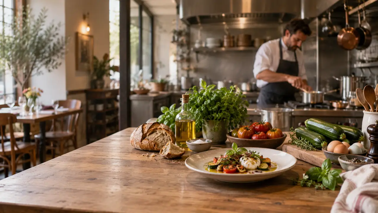 Table de restaurant avec plats traditionnels et ingrédients frais de saison