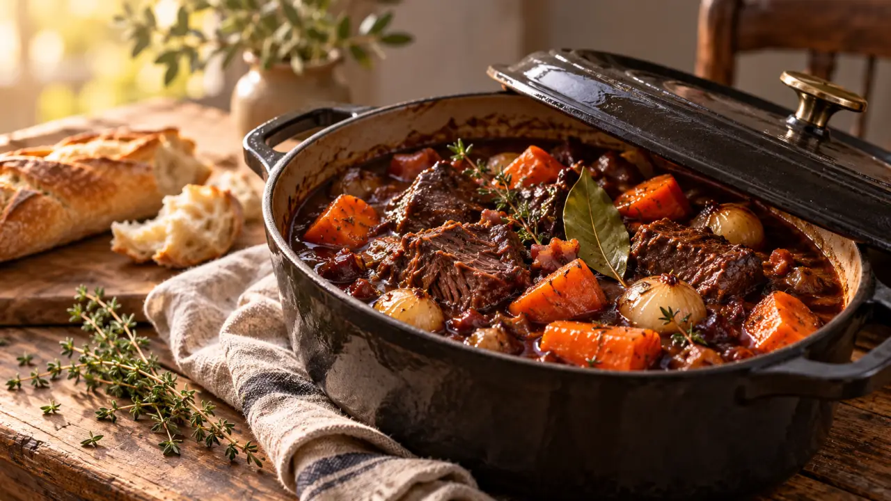 Daube provençale mijotée dans une cocotte avec carottes, olives et herbes fraîches