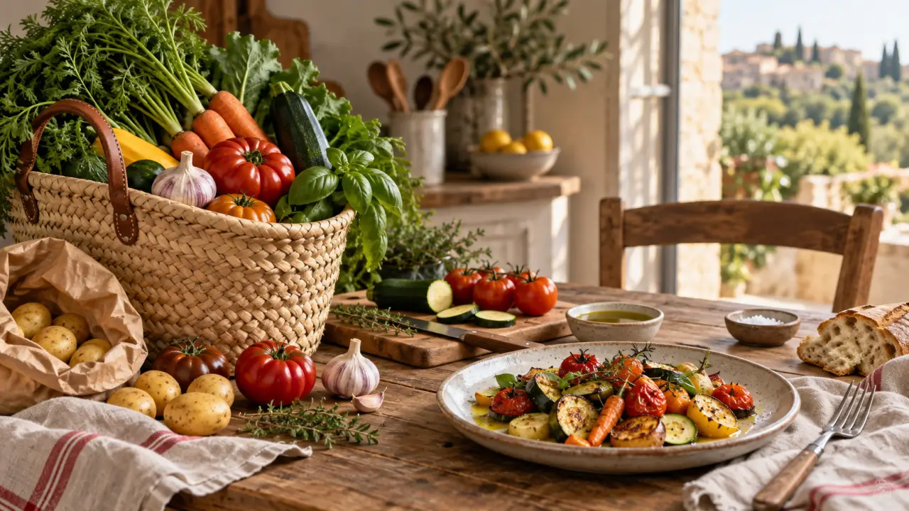 Table en bois garnie de produits locaux et de plats mijotés