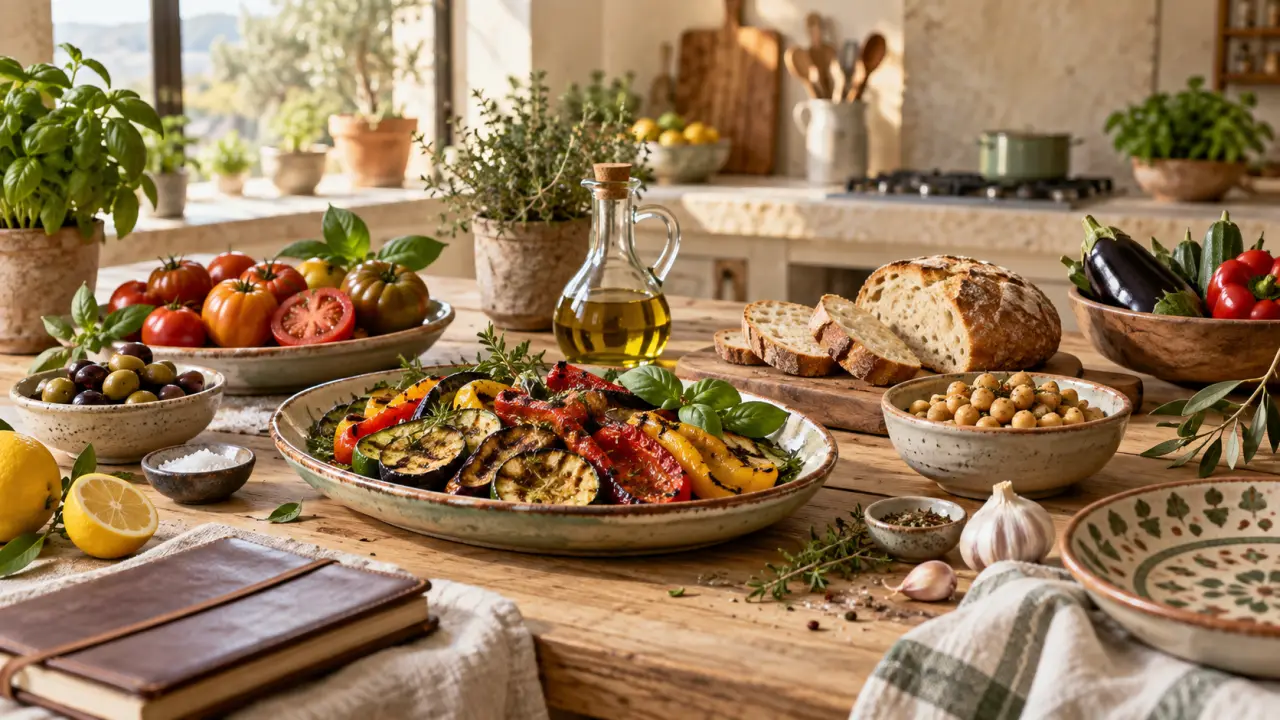 Table méditerranéenne composée de légumes de saison, d'herbes fraîches et de plats faits maison