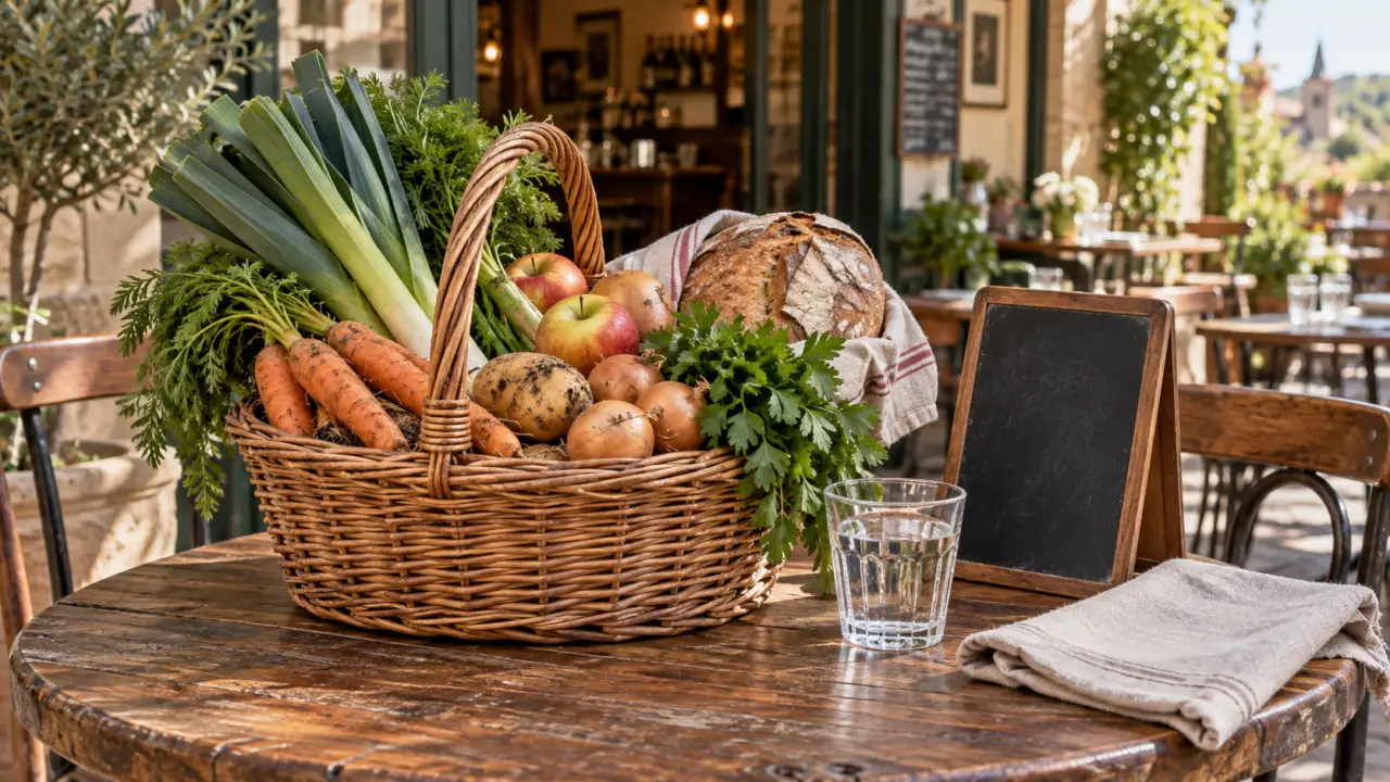 Table en bois garnie de produits locaux et de plats généreux, dans l’esprit d’un bistrot chaleureux