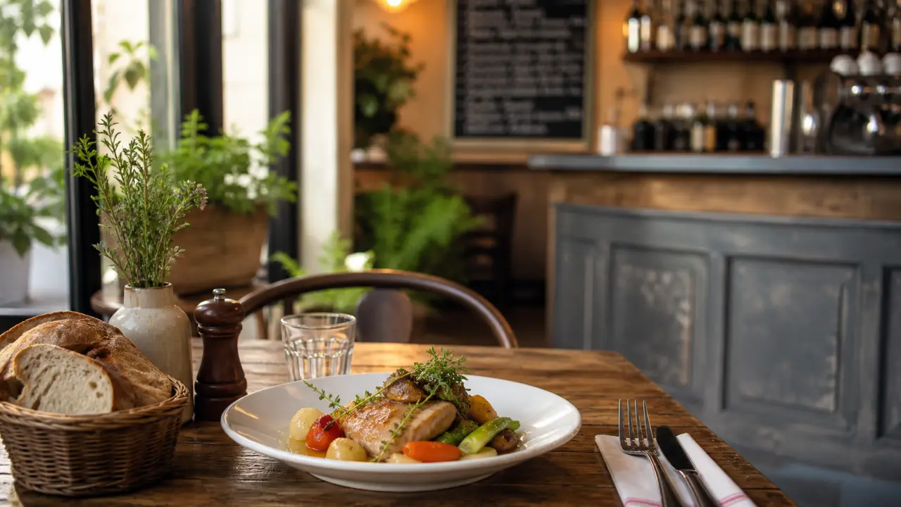 Table de bistrot chaleureuse avec plats mijotés et vaisselle en céramique