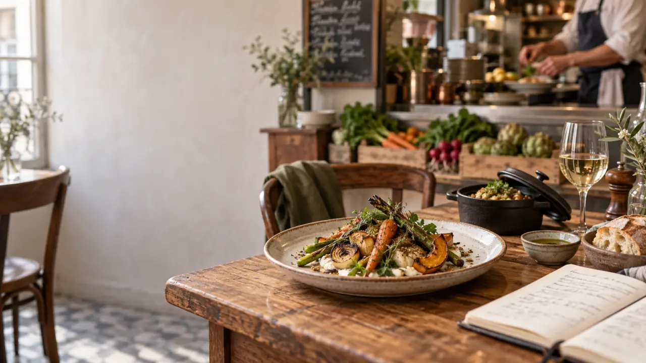 Assiette traditionnelle préparée avec des ingrédients de saison dans un bistrot chaleureux